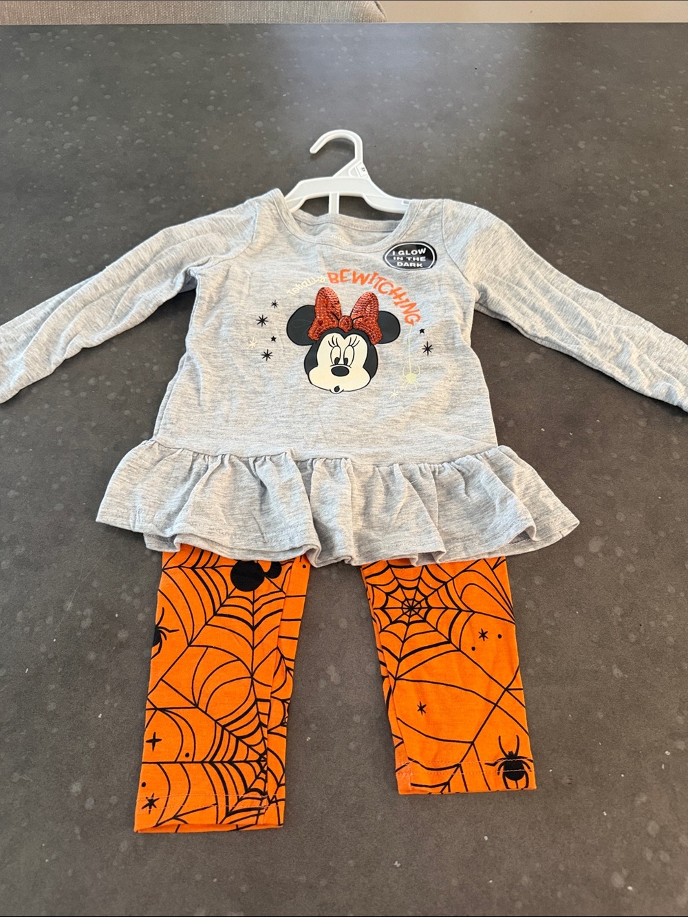 Disney Girls Gray Minnie Mouse 'Bewitching' Top with Orange Spiderweb Leggings